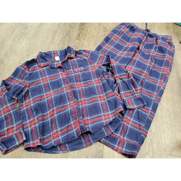 Liz Claiborne Women's Navy Red Plaid Fleece Pajamas Set Pants Button Shirt Large - Picture 1 of 4